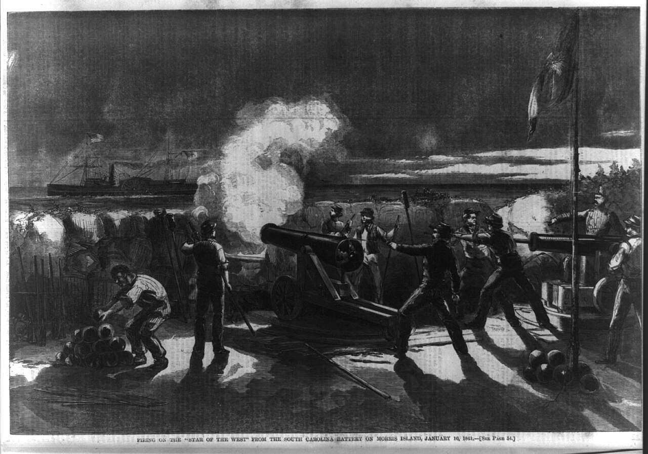 Engraving of the Star of the West under fire from Morris Island