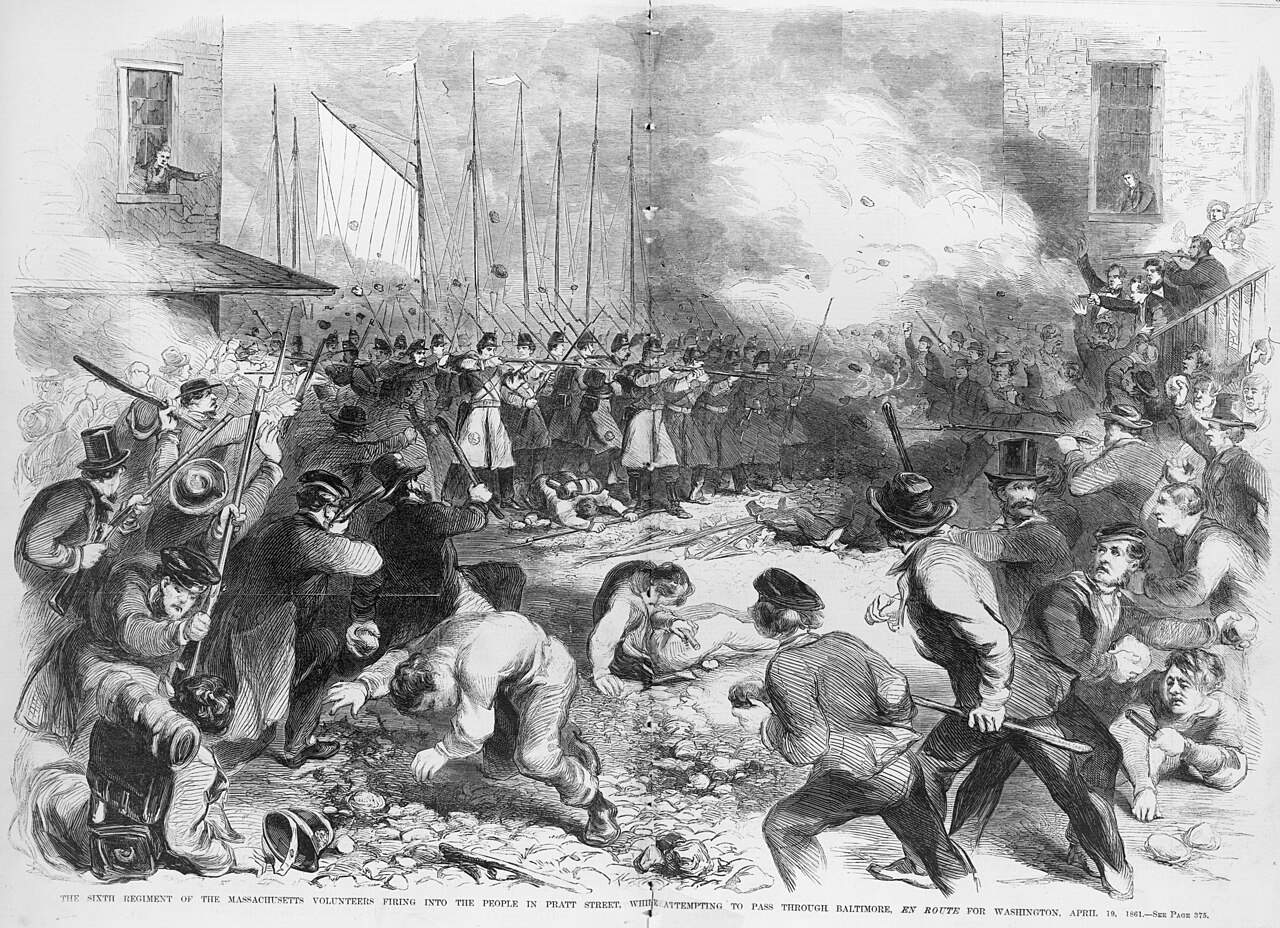 Engraving of the Sixth Massachusetts firing into the crowd on Pratt Street