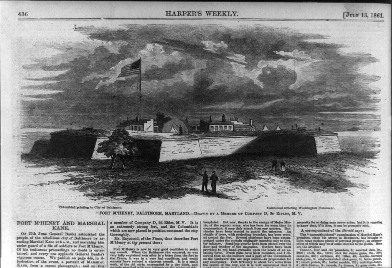 Harper's Weekly page showing a columbiad at Fort McHenry aimed at Baltimore