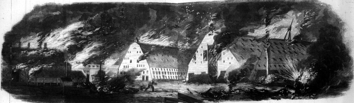 Harper's Weekly engraving of the Norfolk navy yard in flames